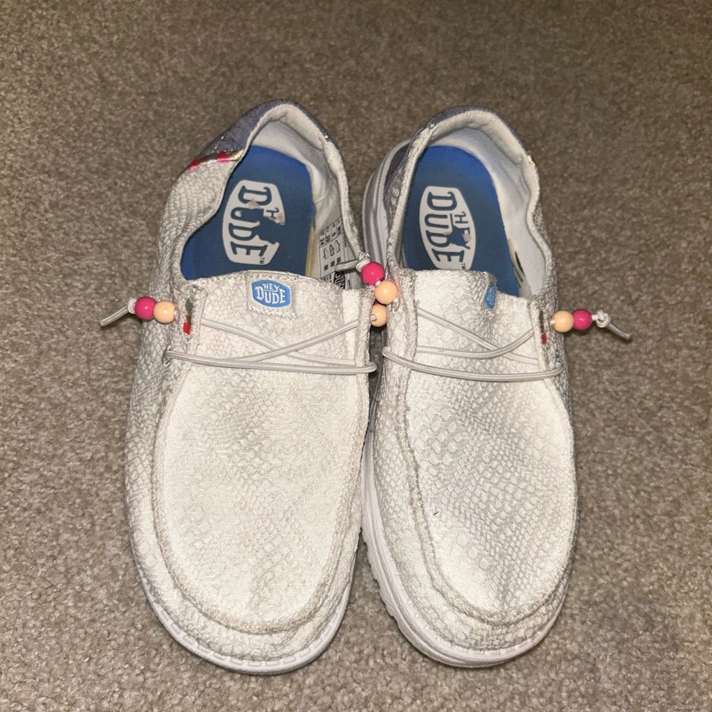 Hey Dude Women's White Moccasins with Pink Beads